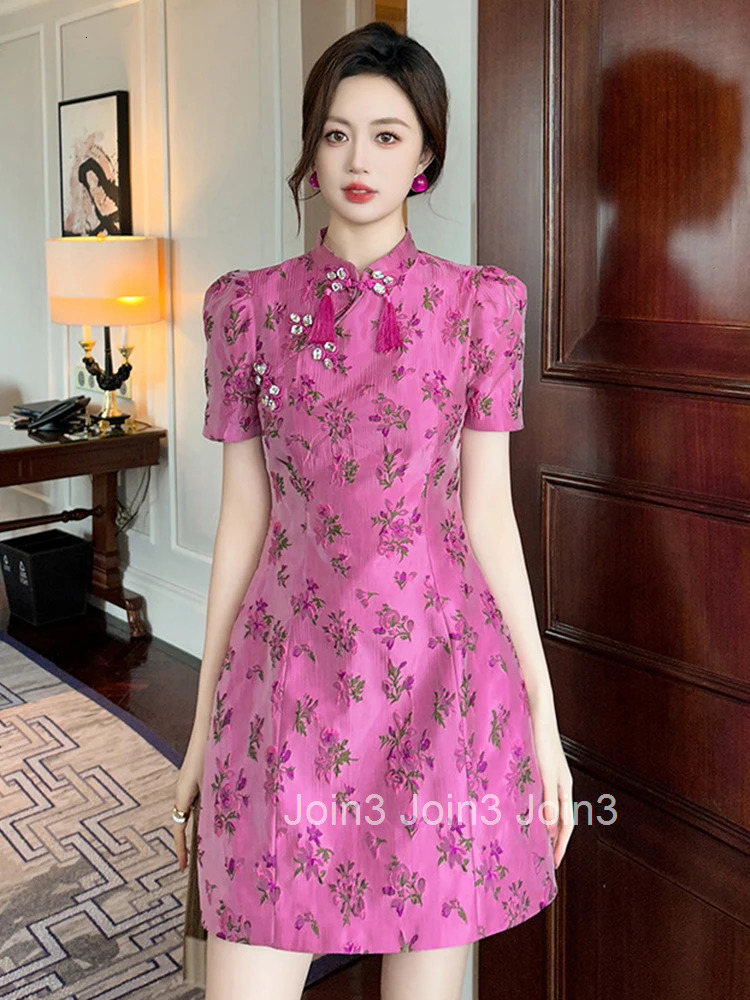 Women Clothes Chinese Style Sweet Floral Puff Sleeve Slim A-Line Mini Short Dress Elegant Fashion Evening Party Vestidos Casual