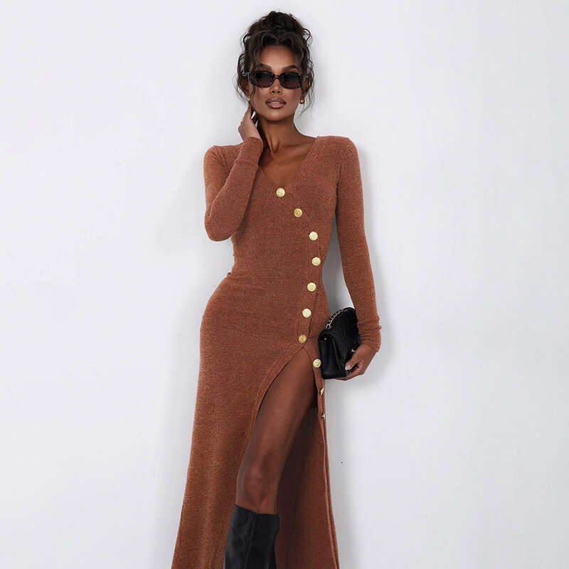 Autumn Winter Elegant Women's Style Asymmetric Collar Button Design Sense Split Slim Fit Knitted Long Dress B5