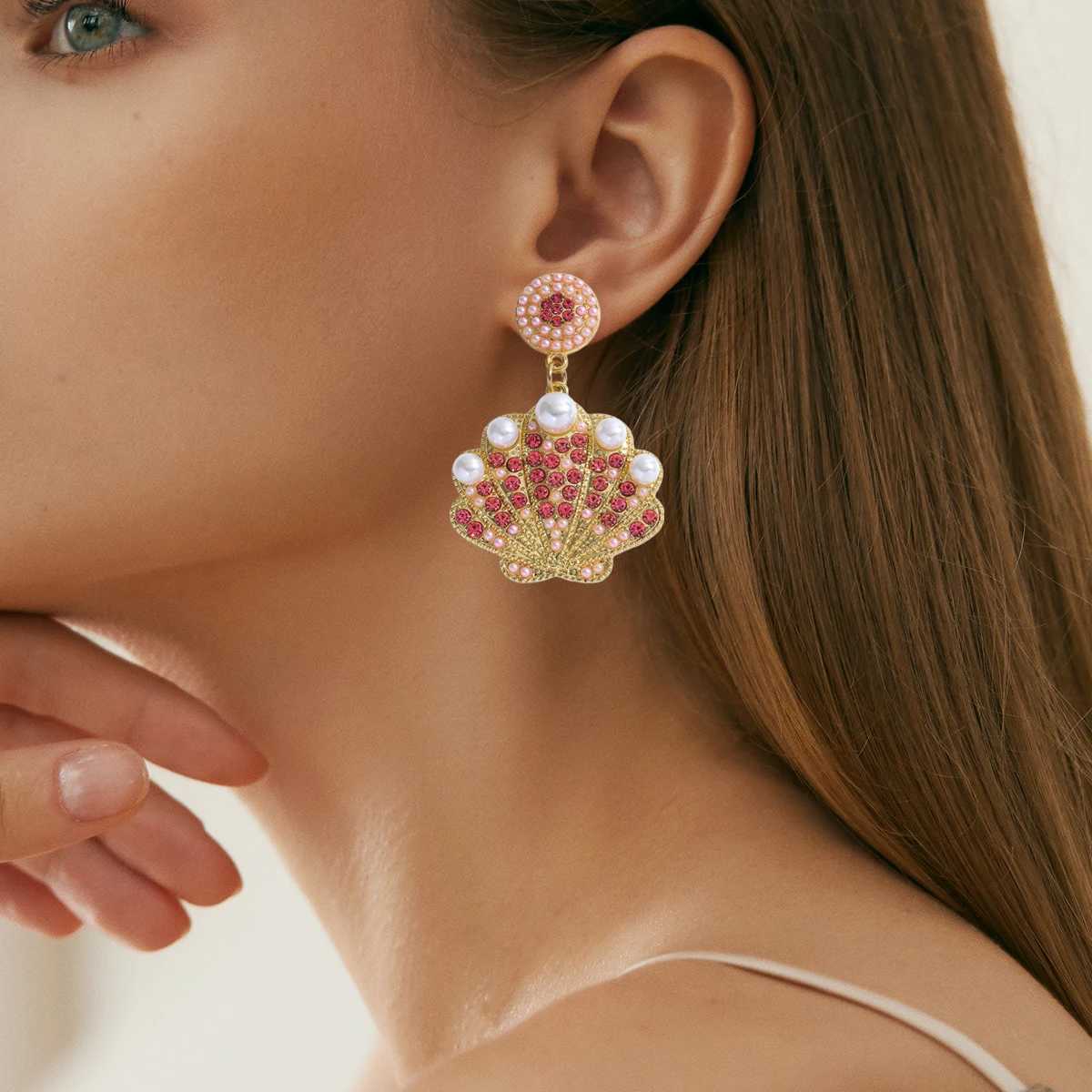 Vedas Bling Zircon Faux Pearl Shell Dangle Earrings For Women Exquisite Summer Beach Sea Animal Jewelry Banquet Accessory XJ250623
