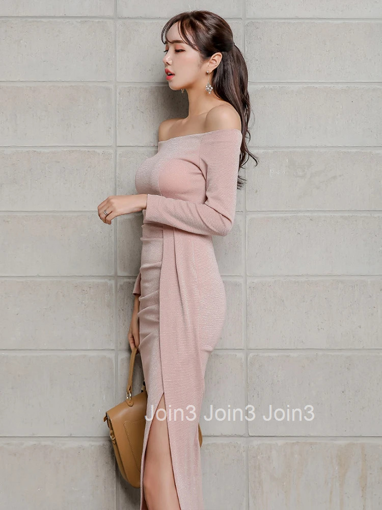 New Autumn Fashion Elegant Lady Sweet Pink Evening Dress Women Clothes Sexy Off-Shoulder Skinny Midi Pencil Party Prom Vestidos