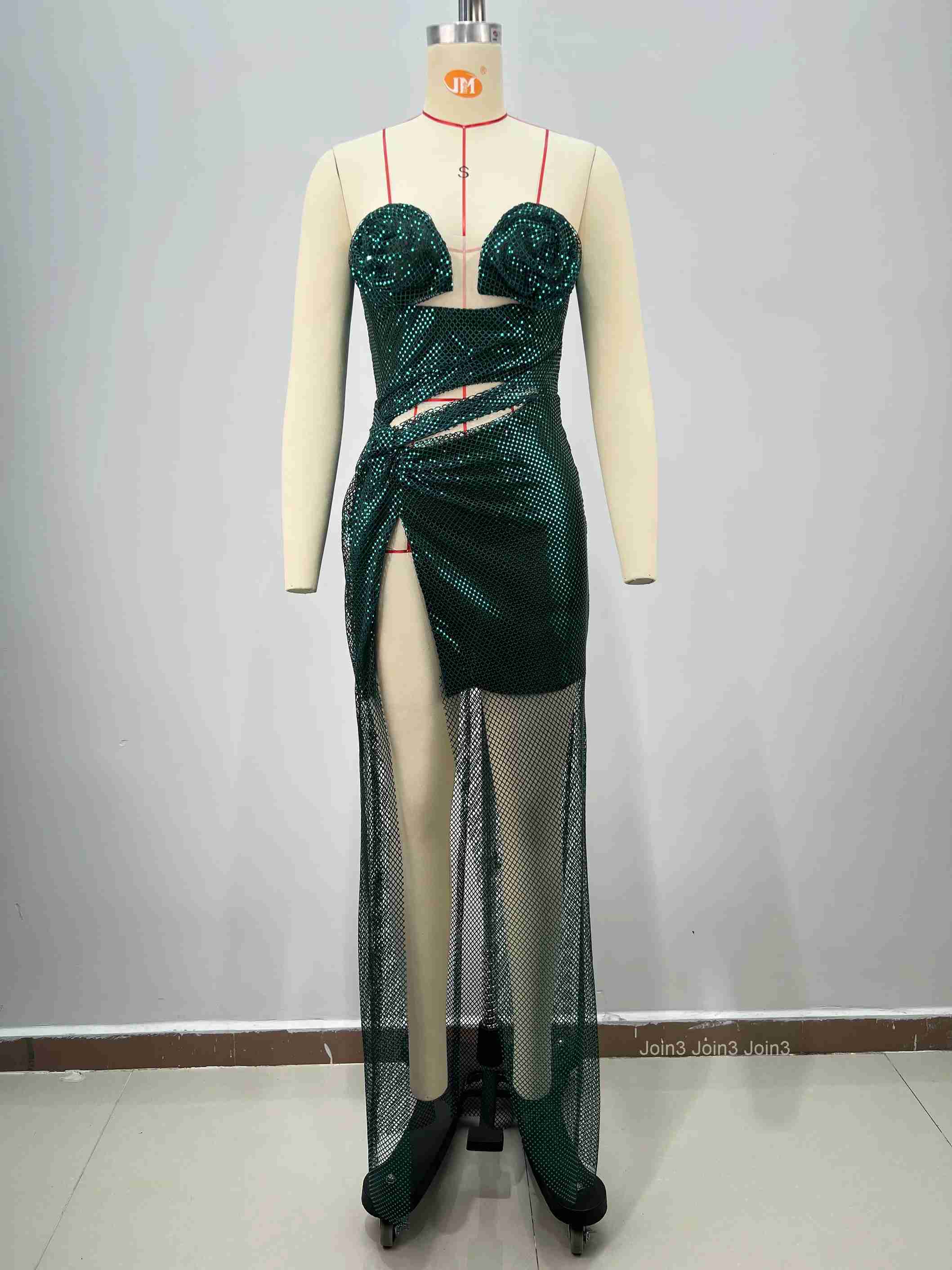 Womens Green Bandage Dress Off-Shoulder Sequin 3D Floral Appliques Cut-Out High Slit Sheer Mesh Evening Gown