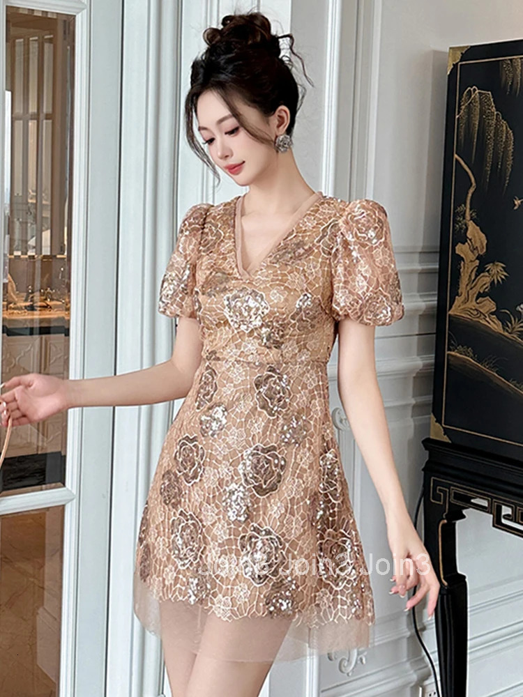 New Summer Fashion Casual Lace Sparkly Sequin Evening Dress Women Clothes Sweet Retro Puff Sleeve Slim Mini Short Party Vestidos
