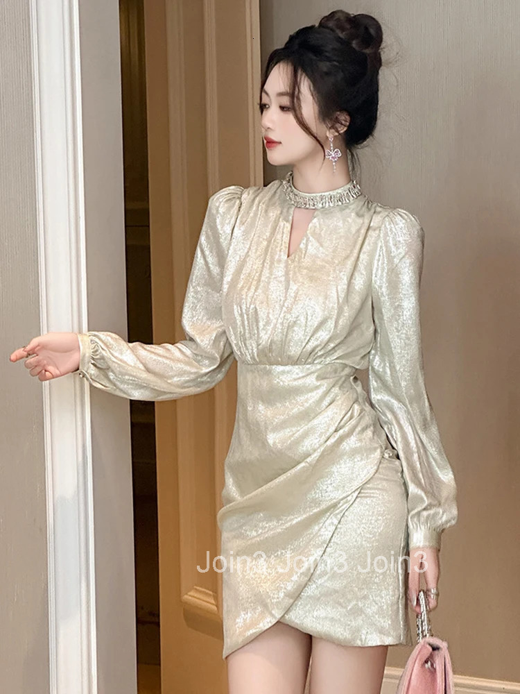 New Autumn Winter Fashion Elegant Luxury Asymmetrical Short Dress Women Clothes Hollow Sexy Puff Sleeve Slim Party Prom Vestidos