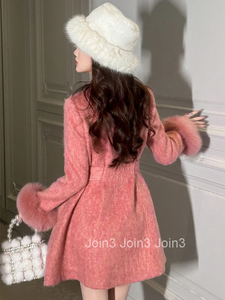 Women Clothes Sweet Pink Wool Double-Breasted Jacket Elegant Hairy Long Sleeve Slim A-Line Coat Outerwear Autumn Winter Casual