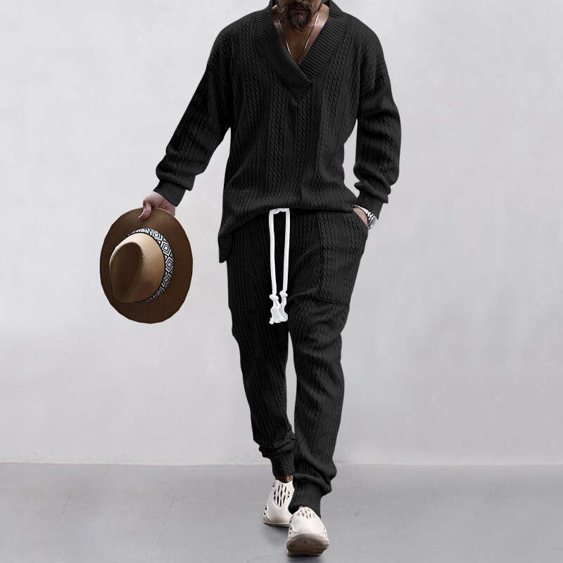 Hot-Selling Cross-Border New European and American Casual Long Pants V-Neck Versatile Jacquard Knit Sweater Men's Autumn Set