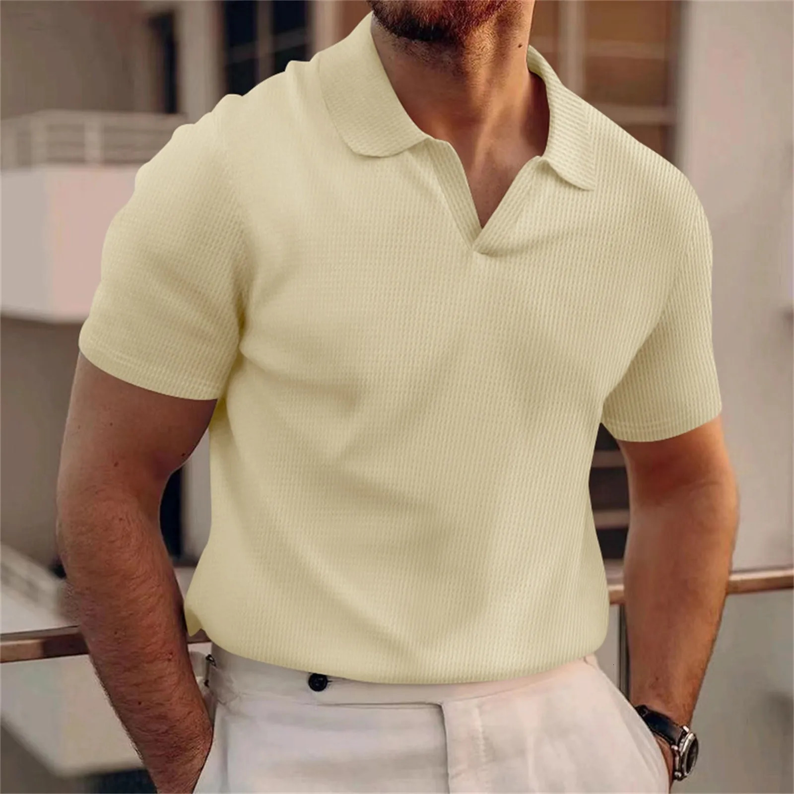 MenS Casual V Neck Textured Shirts Slim Fit Solid Short Sleeve Cotton T Shirts Waf Fle Knit Soft Casual Comfortable Tee 250618
