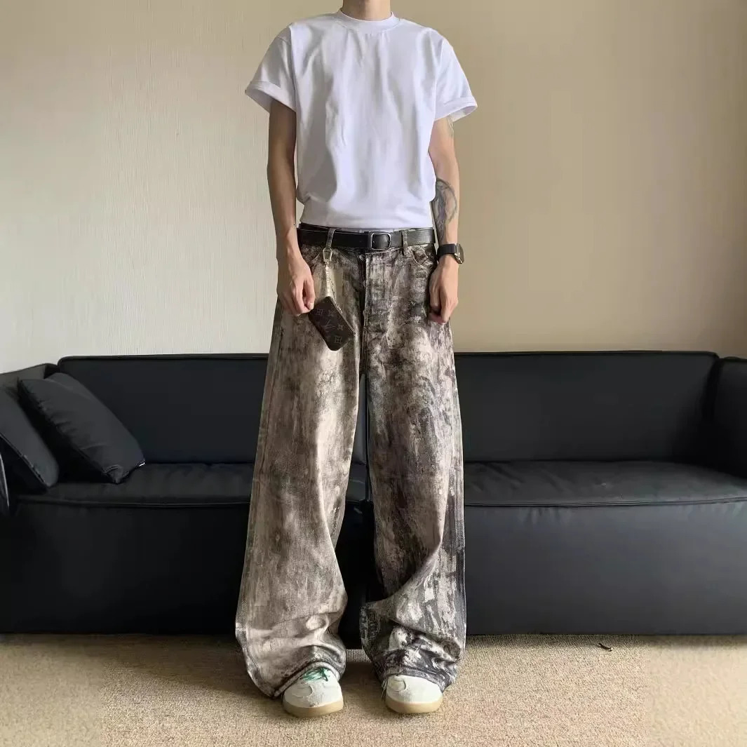Casual Style White Coke American Style 3D Digital Camouflage Printing Distressed Low Waist Wide Leg Denim Trousers For Men And Women 250617