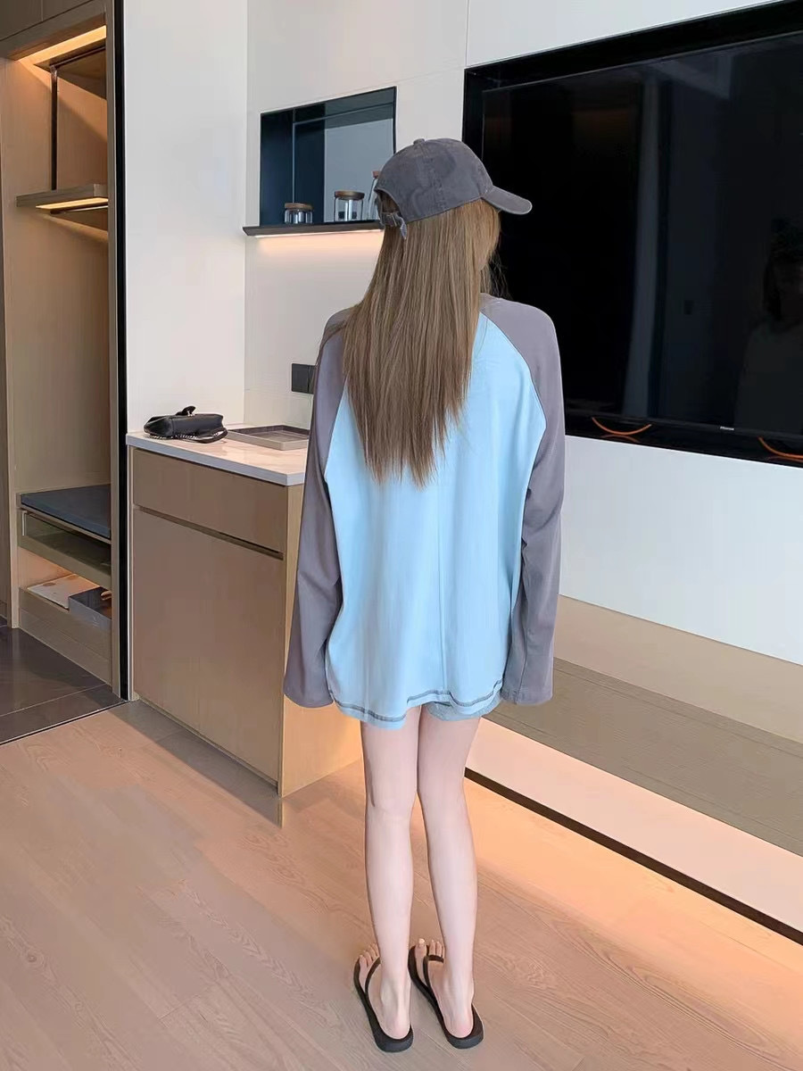 SL236 Women's Spring and Autumn Contrast Color Round Neck Loose Long Sleeve Top Thin Shirt Bottoming Shirt