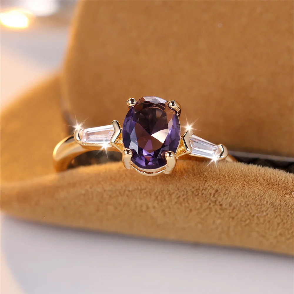Purple Zircon Stone Male Female Fashion Crystal Engagement Ring Vintage Gold Color Wedding Jewelry For Women Men 250617