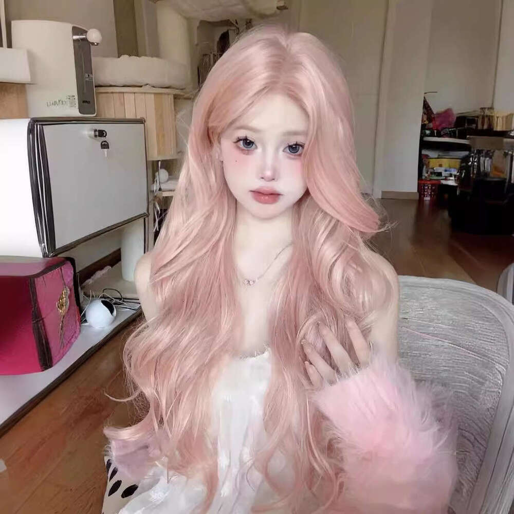 Rose Pink Hair For Women, Middle Part, Bangs, Big Waves, Long Curly Hair, Internet Celebrity Lolita Full Wig