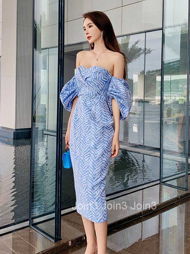 Fashion Vintage Off-Shoulder Lantern Sleeve Midi Mini Party Club Dress Ladies Elegant Robe Casual Stripe Strapless Split Dress