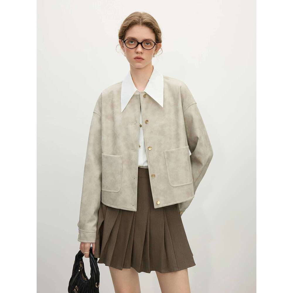 FSLE Women PU Leather Short Jackets Casual Round Neck Drop Sleeve Coats 2025 Spring Grey Female Pu Coat 25Fs11159