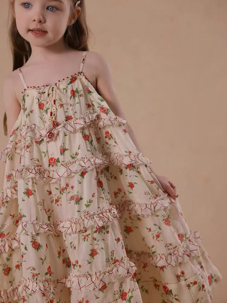 Girls' printed camisole dress is fashionable and casual