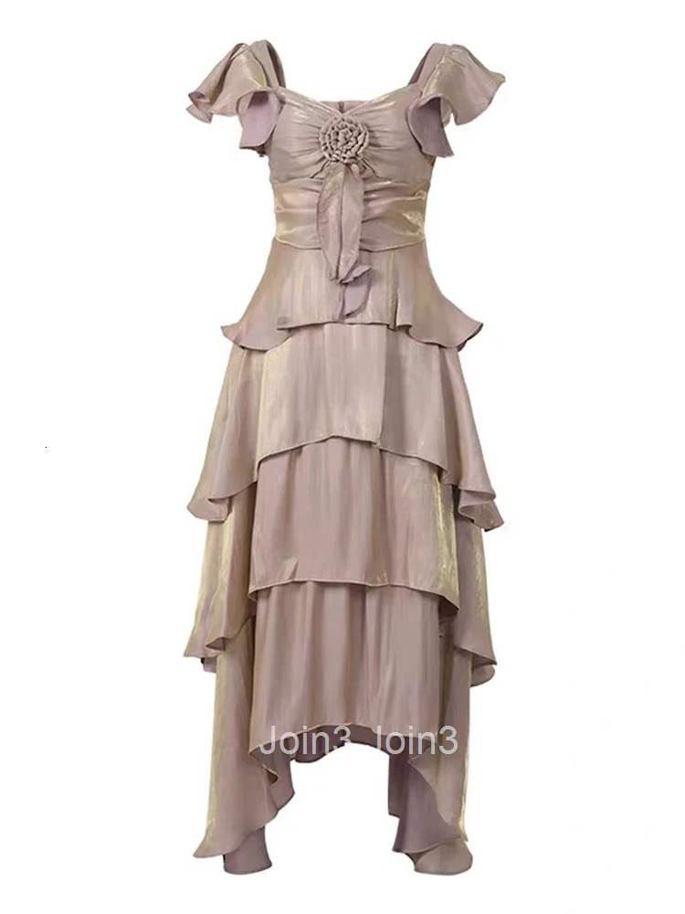 New Sweet Ruffle Square Collar Gown Evening Dress Women Vacation Clothes Short Sleeve A-Line Maxi Long Robe Party Prom Vestidos