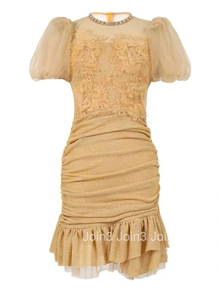 Summer Fashion Bright Silk Sparkly Gold Evening Dress Women Clothes Sweet Mesh Sheer Sexy Bubble Sleeve Slim Party Prom Vestidos