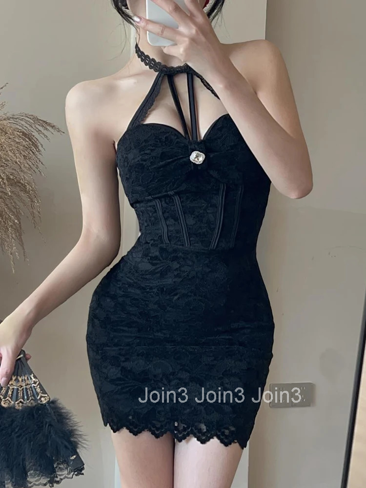 Women Clothes Y2K Hotsweet Lace Sexy Halter Backless Skinny Mini Short Dress Elegant Fashion Evening Party Club Prom Vestido New