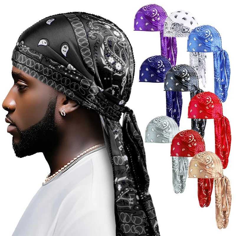 New Amoeba Print Silky Durag Bandanas for Men Long Tail Pirate Cap Waves do doo du rag Turban Outdoor Cycling Breathable Hat M250623