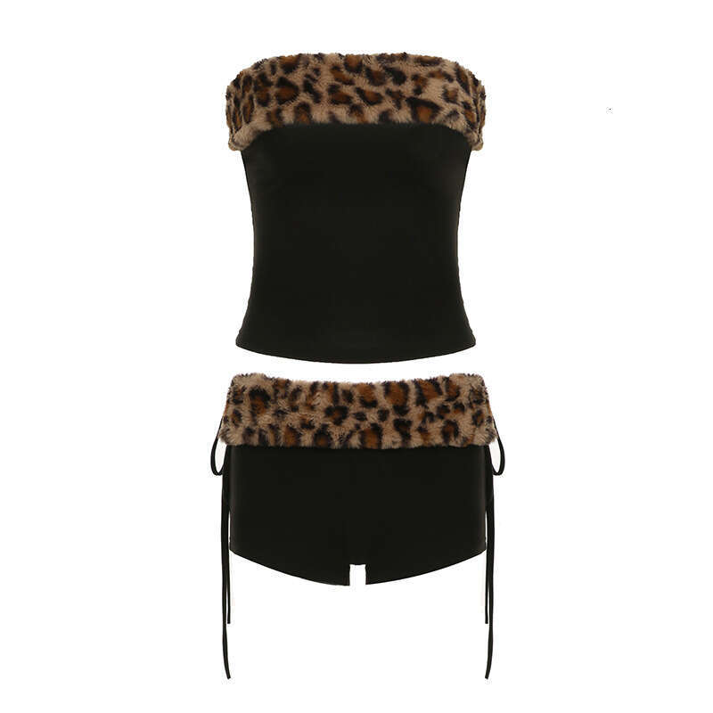 Women's Sexy Leopard Print Faux Fur Patchwork Slim Fit Tube Top Tie Shorts Set New B5