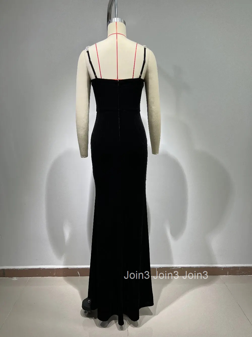 Black V-Neck Simple Bubble Bead Sleeveless Embroidered Diamonds Split Sling Dress Womens Clothing Elegant Evening Dinner Gown