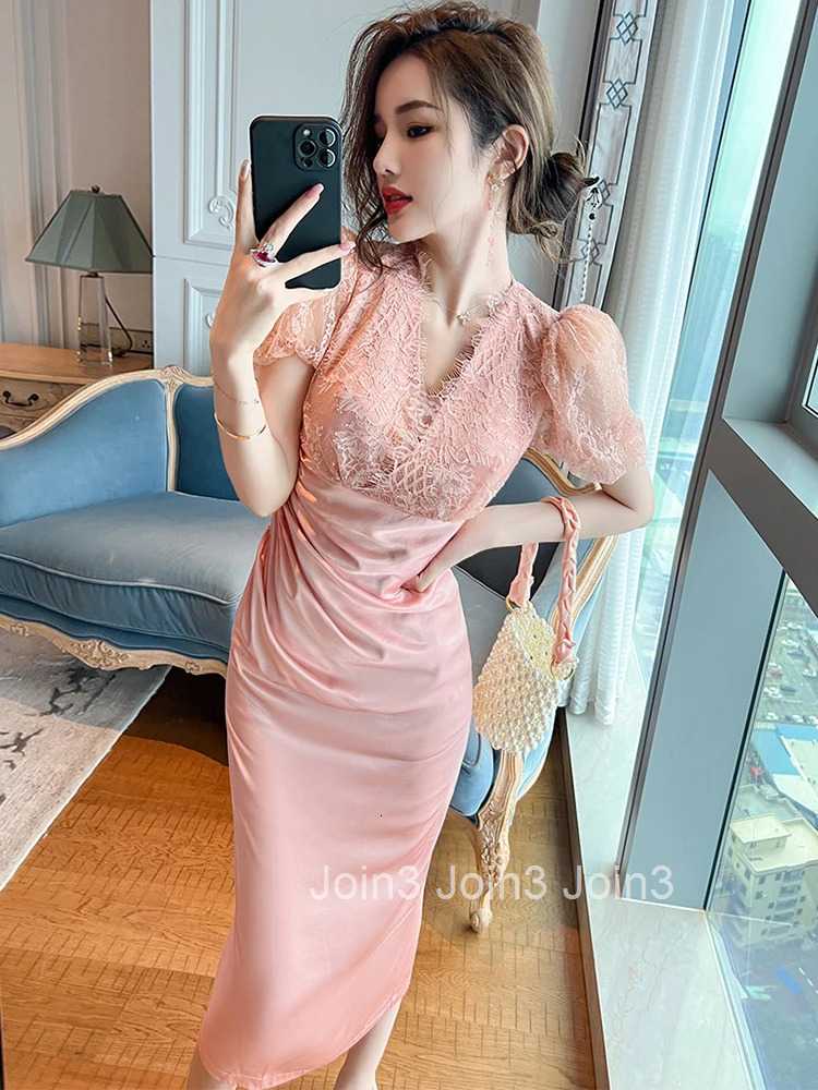 Summer Fashion Elegant Women Evening Dress Chic Satin Puff Sleeve Midi Party Prom Robe Femme Mujer Vestidos Fiesta Boda Invitada