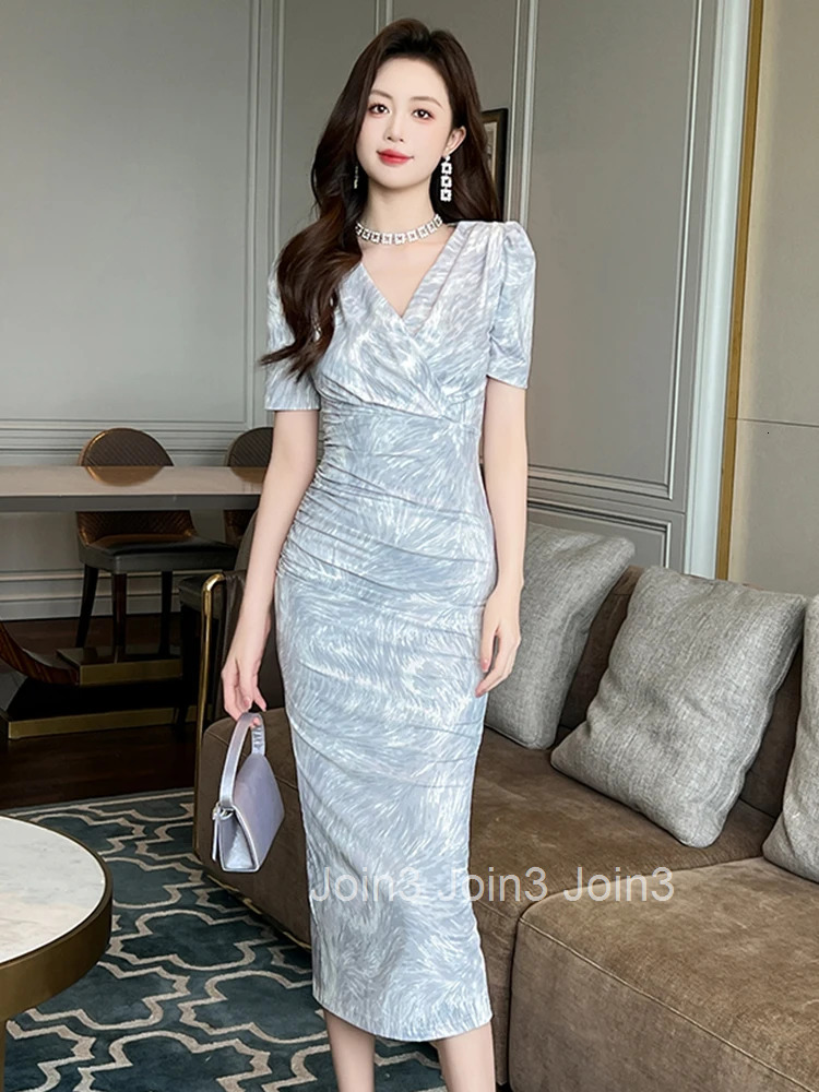 New Summer Casual Print Stretchy Skinny Dress Women Elegant Office V-Neck Short Sleeve Folds Midi Pencil Vestidos Street Clothes