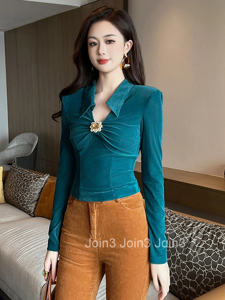 Women Clothes Sexy Solid Color Velvet T-Shirt Elegant Lapel Blouse Female Folds Tops Bottoming Slim Pullover Jumper Spring New