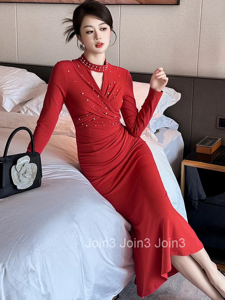 Women Stretchy Clothes Hollow Sexy Stand Neck Skinny Midi Fishtail Dress Elegant Ladies Commute Fashion Party Vestidos Robe New