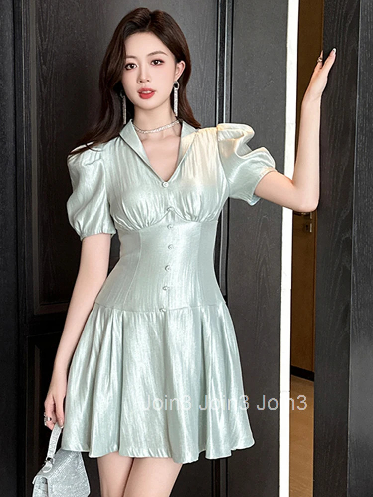 New Summer French Fashion Casual Solid V-Neck A-Line Short Dress Women Clothes Sweet Retro Puff Sleeve Corset Slim Party Vestido
