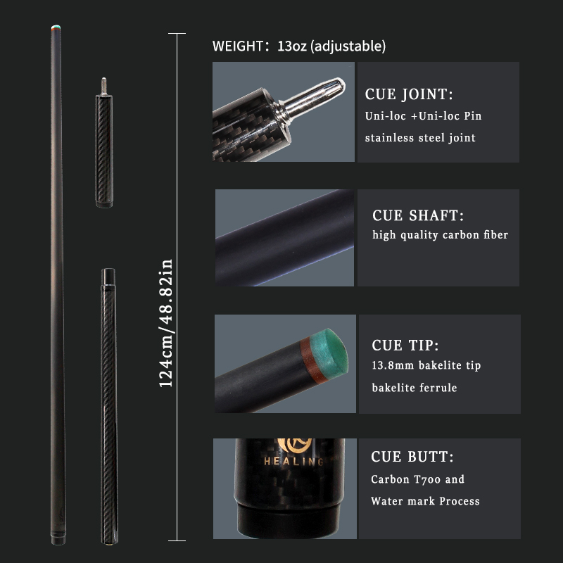 Okhealing 3-PC Carbon Fiber Billiard Jump Cue with Extension Pool Cue Sticks with Extender Black Technology Bakelite 13.8mm Tip Length 48in Uni-loc or