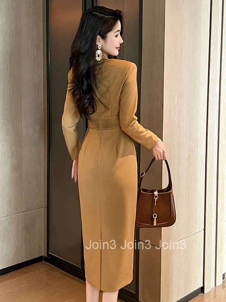 Commute Formal Occasion Long Pencil Dress Ladies Women Clothing Elegant Office Solid V-Neck Slim Midi Robe Femme Mujer Vestidos