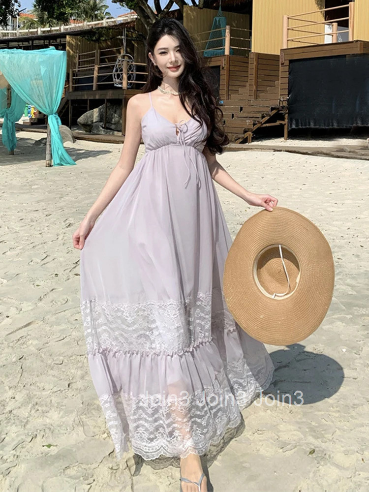 Women Clothes Sweet Lace Sexy Strap V-Neck Loose Maxi Long A-Line Dress Elegant Fashion Party Vestidos Fiesta Robe Vacation New