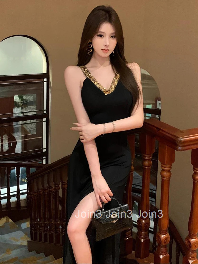 Women Clothes Retro Black Gold Sequin Sexy Strap Backless Slim A-Line Long Dress Elegant Fashion Evening Party Prom Vestido Robe
