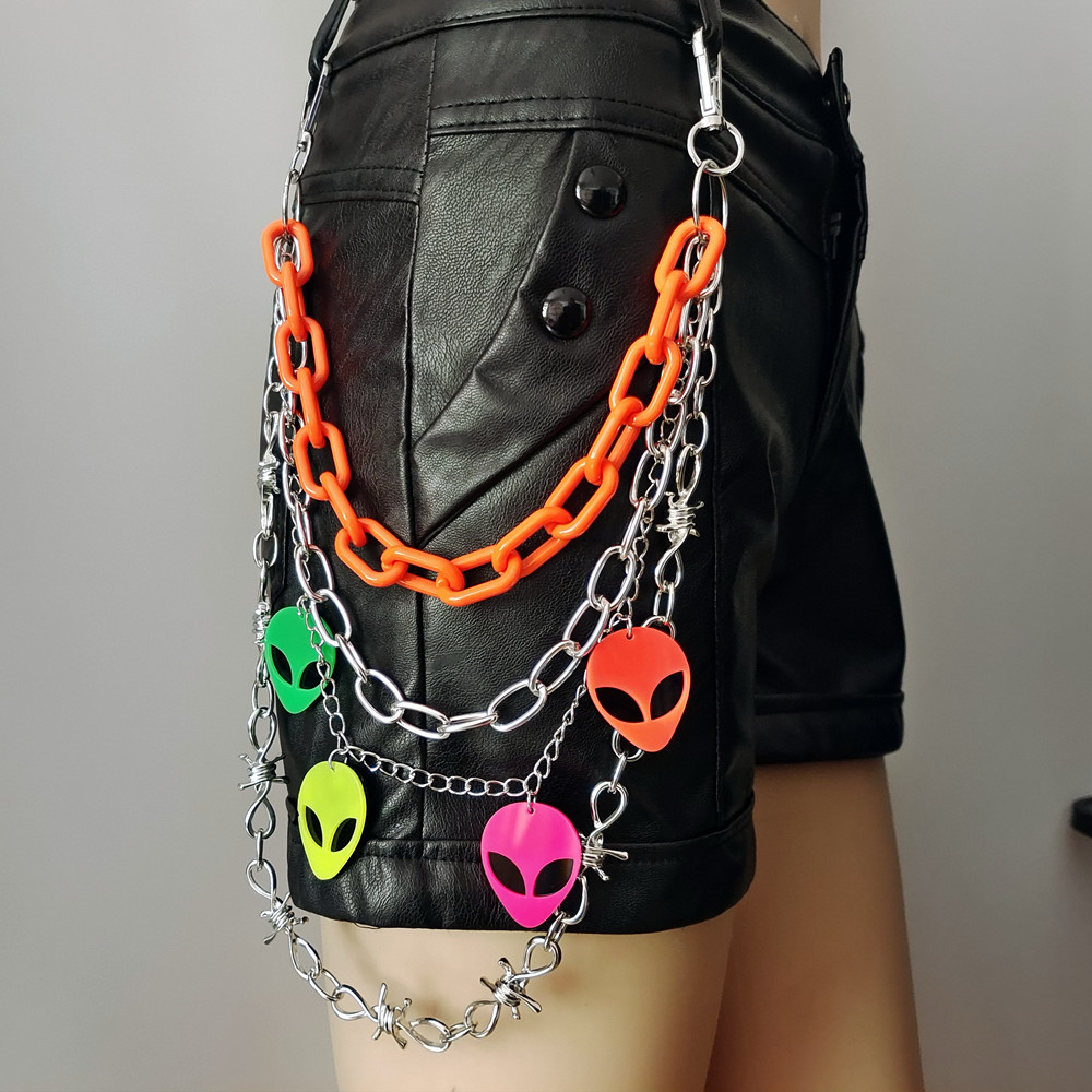 Stage Wear Dance Accessories Colorful Fluorescent Plastic Chain Alien Pendant Waist Chain Female Punk Metal Spike Pants Chain