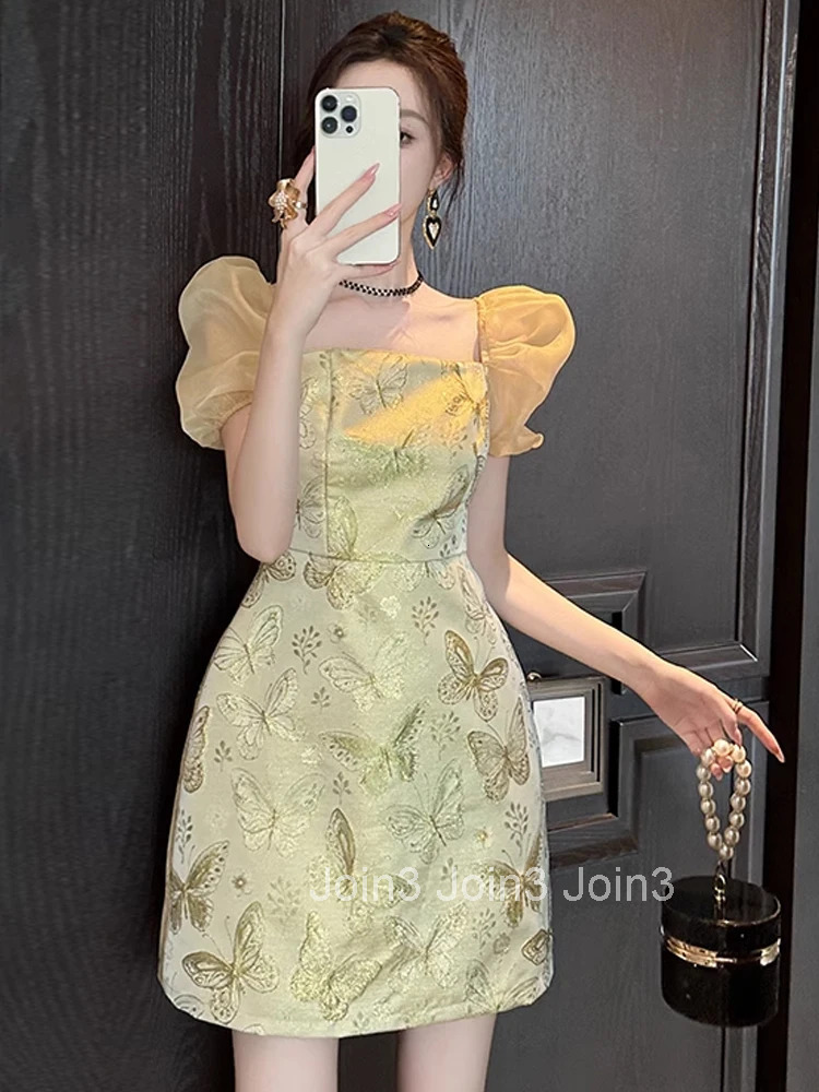 New Summer Sparkly Gold Butterfly Print Gown Evening Dress Women Clothes Elegant Puff Sleeve Slim Short Party Club Prom Vestidos