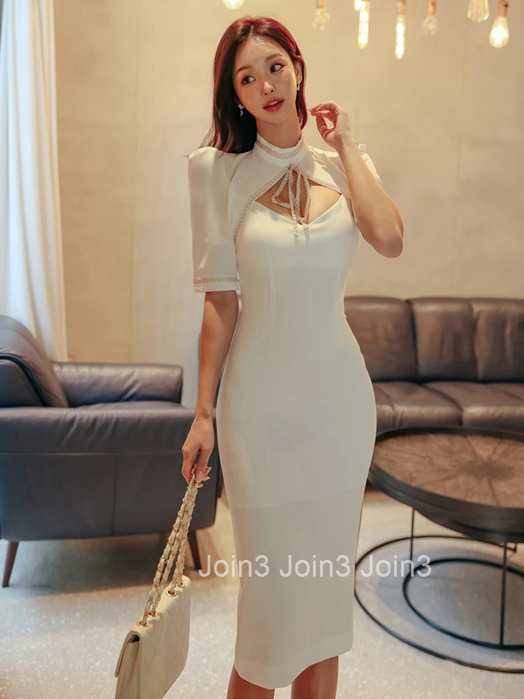 Summer Elegant Office Women Dress Chic Formal White Sexy Hollow Short Sleeve Slim Midi Pencil Party Prom Birthday Mujer Vestidos