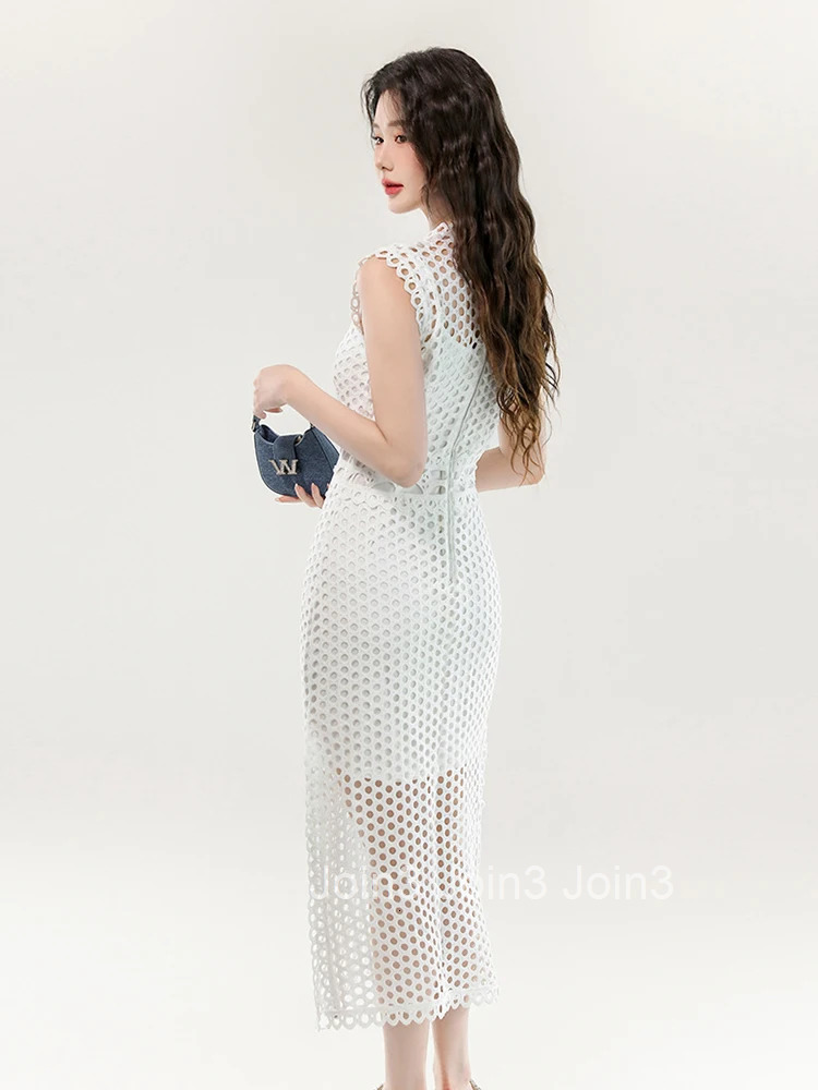 Women Clothes Casual Solid Outfit Elegant Sexy Hollow Sleeveless Slim Midi Dresses And Sling Skinny Mini Dress Mujer 2 Piece Set