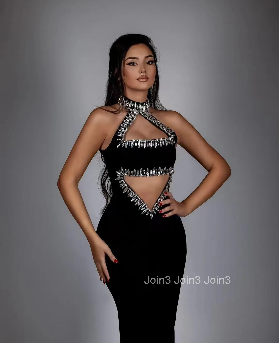 Chic Womens Clothing Sexy Hollow Backless Neck-Mounted Luxury Diamonds Decoration Sleeveless Celebrity Vestidos Black Bandage D