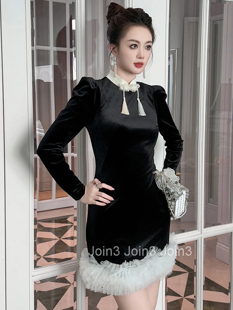 Women Clothes Sweet Black Ruffle Stand Neck Slim Mini Short Dress Elegant Evening Party Vestido Fashion Autumn Winter Casual New