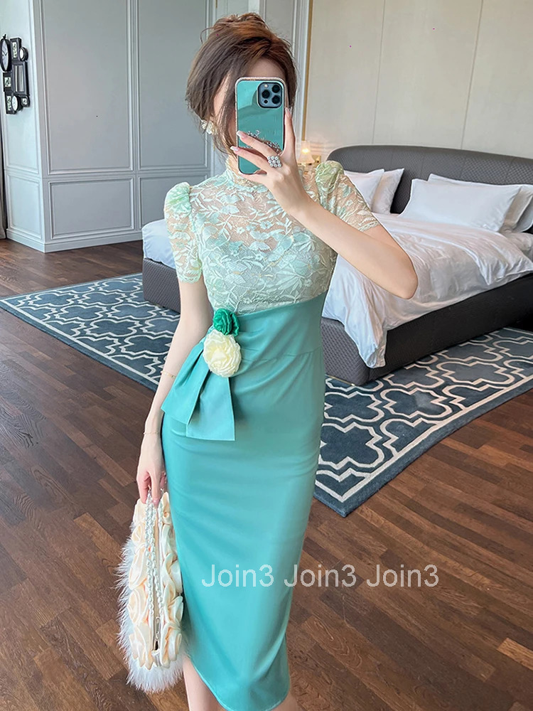 Summer Evening Dress For Women Elegant Chic Lace Spliced Satin Sheer Short Sleeve Wrap Hip Midi Party Prom Mujer Vestidos Street