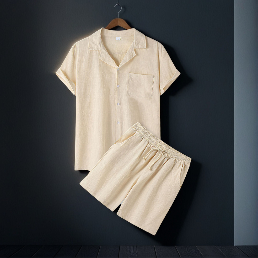 Mens tracksuit Men cotton solid color Hawaiian fashion lapel short-sleeved shirt and shorts set of two pieces European code: S-XL
