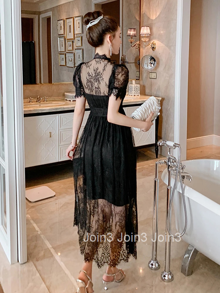 Korean Style Vintage Sexy V-Neck Short Sleeve Maxi Party Dress Ladies OL Elegant Coffee Break Robe Lace Perspective Beach Dress