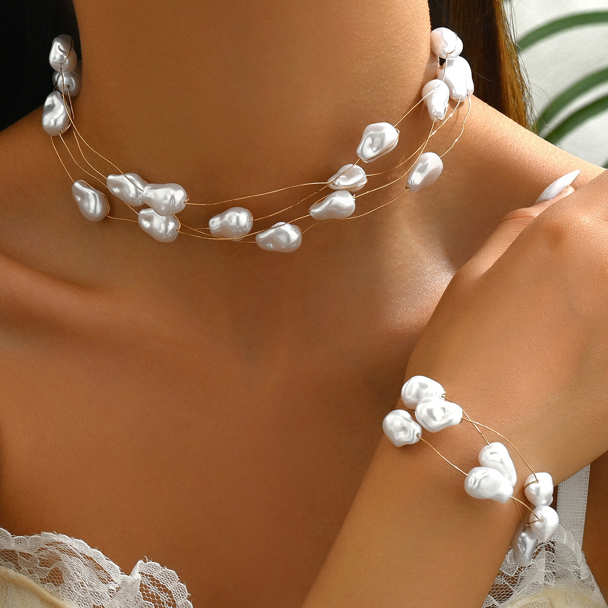 New Women's Pearl Necklace Set Design Beaded Multi-Layer Bracelet Jewelry