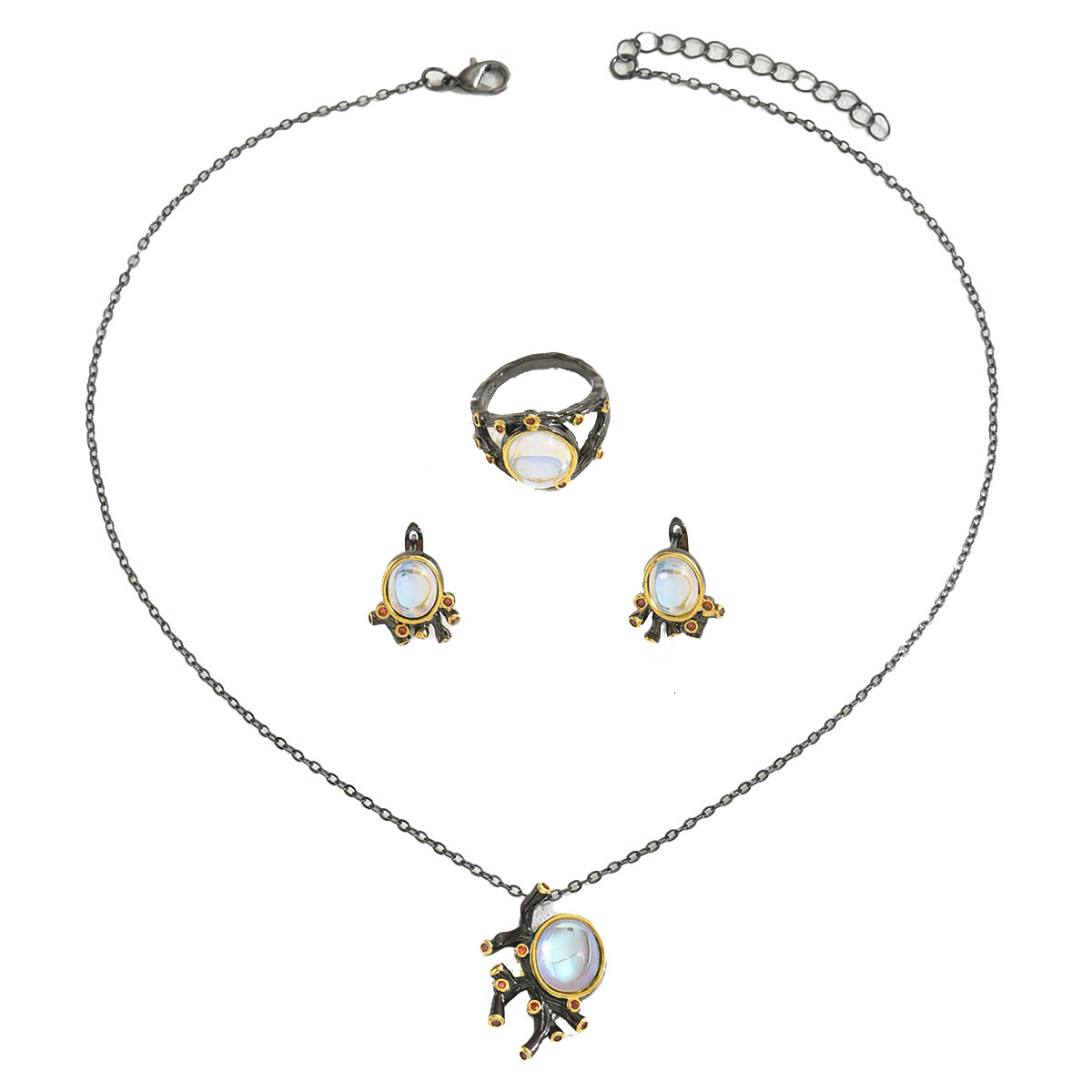 Style Women's Necklace And Ring Jewelry Set Inlaid Moonlight Design Sense Earrings