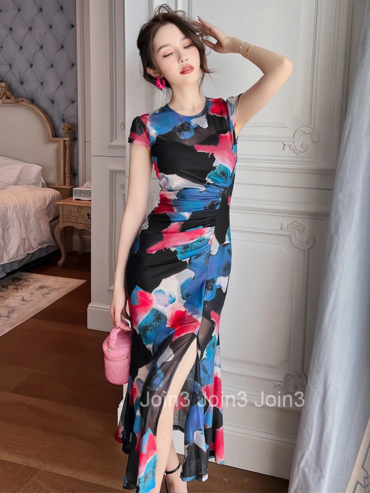 French Mesh Elegant Women Evening Dress Temperament Vintage Sheer Sexy Slit Midi Party Club Beach Boho Robe Femme Mujer Vestidos