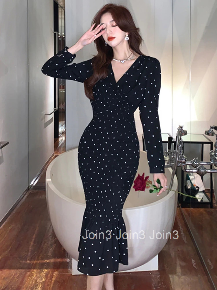 New Spring Autumn Women Evening Dress Vintage Black Dot V-Neck Corset Slim Midi Fishtail Party Beach Robe Femme Mujer Vestidos