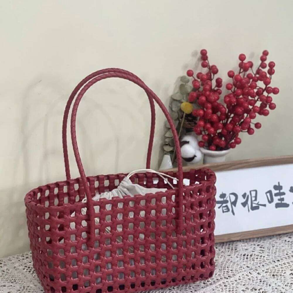 Plastic Hollow Weave Countryside Large Capacity Beach Tote Bucket Bag Bohemian Style Woman PVC Handbag Summer