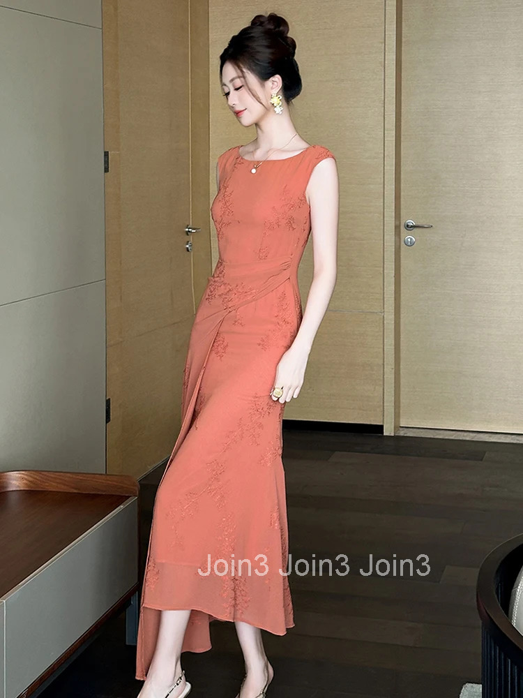 Summer Fashion Casual Chiffon Embroidery Asymmetrical Long Dress Women Clothes Elegant Lady Sleeveless Slim Robe Femme Vestidos