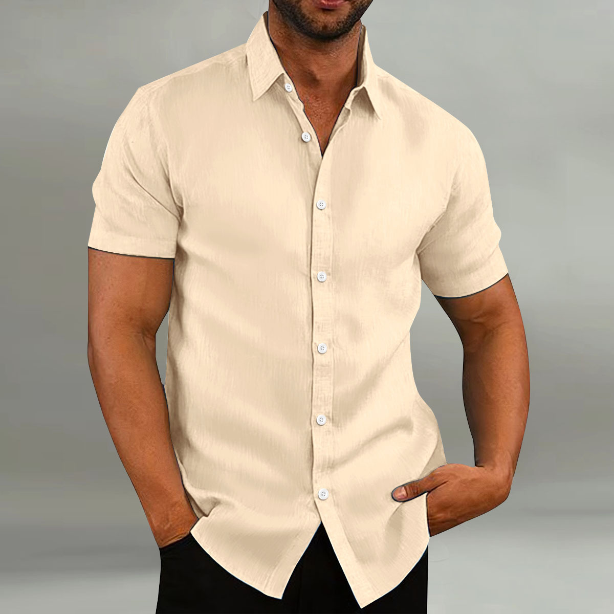 New men's linen shirt fashionable casual top retro cotton and linen short-sleeved T-shirt Henry collar short-sleeved shirt S-3XL (European Size)