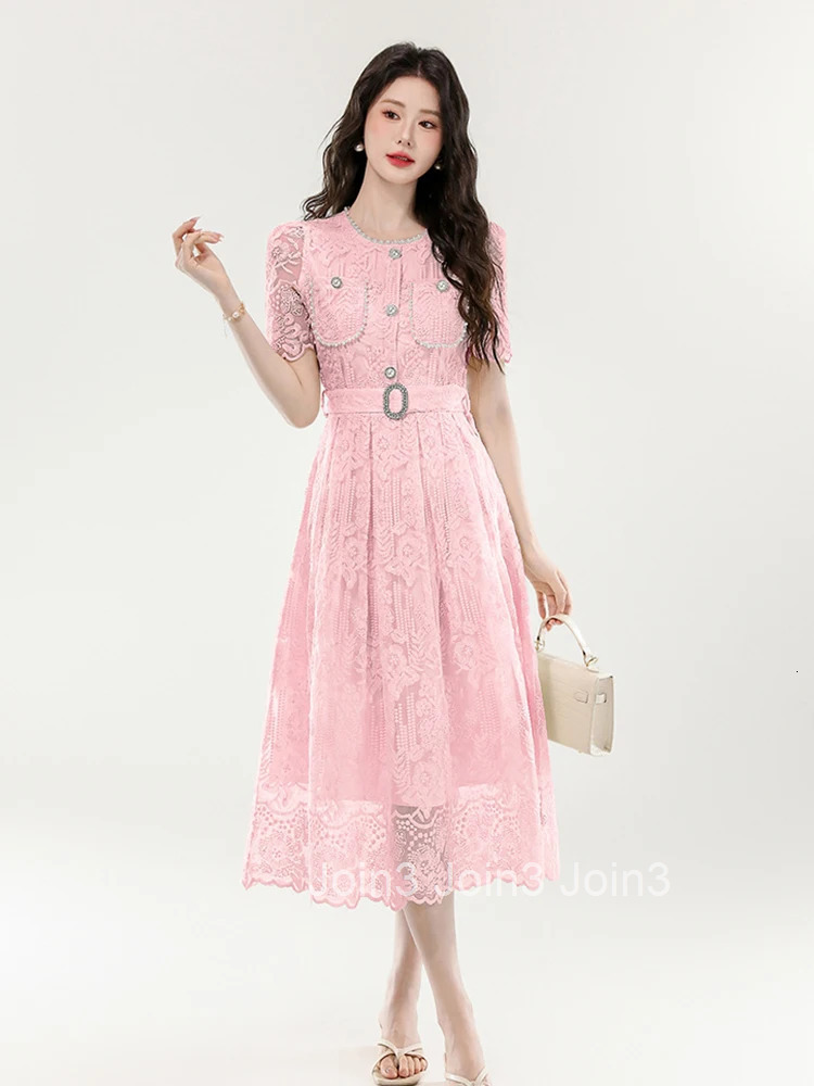 Women Clothes Sweet Floral Lace Sheer Short Sleeve Slim Midi A-Line Dress Elegant Fashion Party Vestidos Robe Casual Summer New