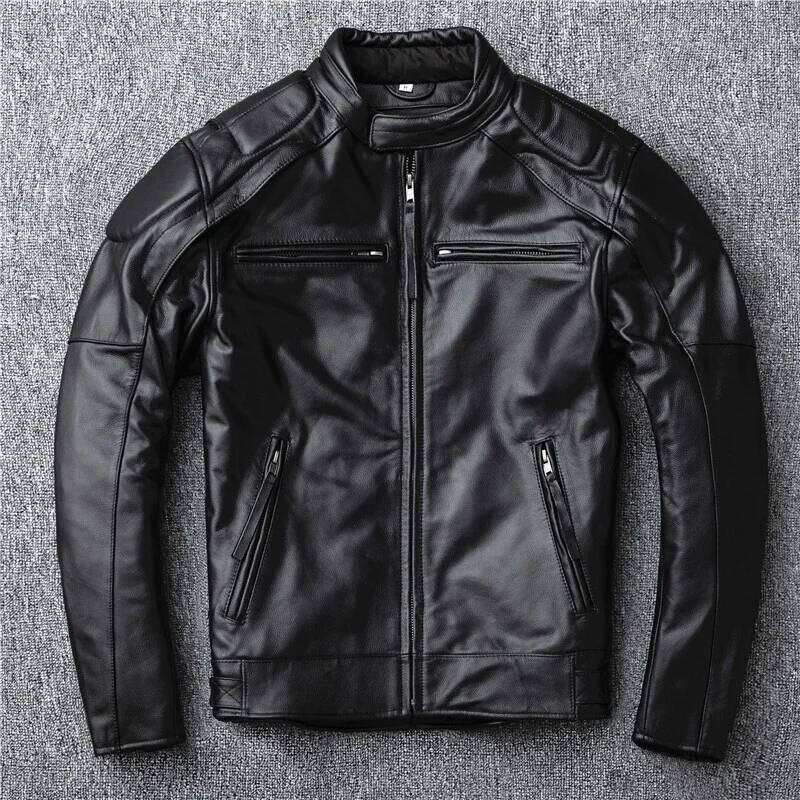Men's Natural Leather Motorcycle Stand Collar Cropped Autumn Jacket Men Black Calfskin Biker Clothing Removable Lining